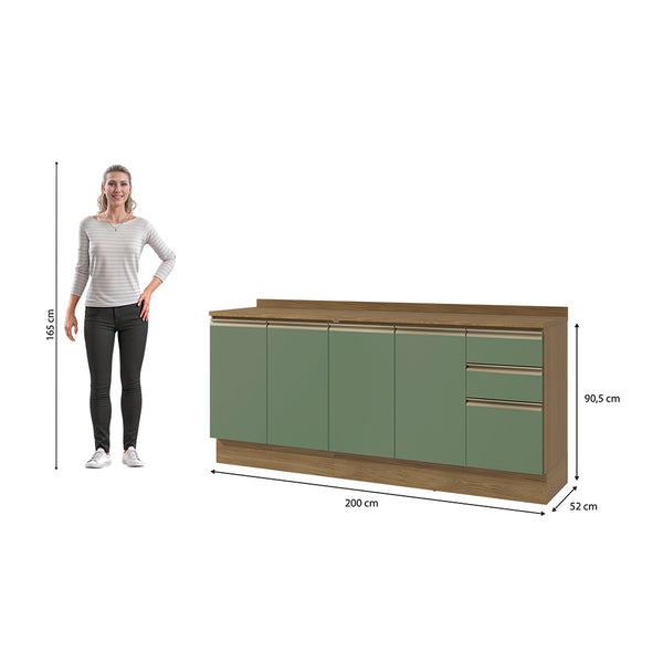 Gabinete Inferior 200cm 3 Cajones Kappesberg Marrón/Verde