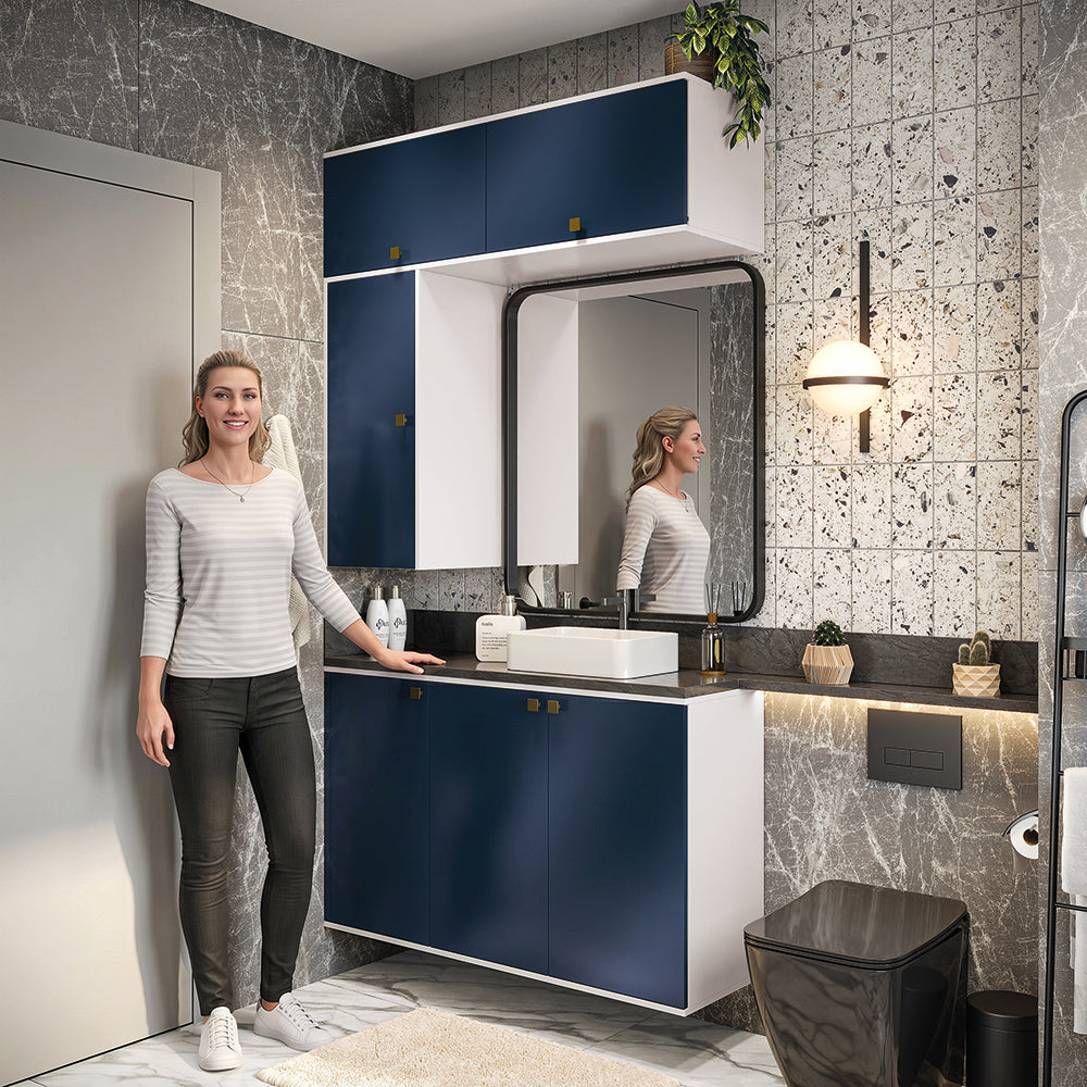 Gabinete Baño Kappesberg 120cm MDF Con Aéreos Blanco y Azul