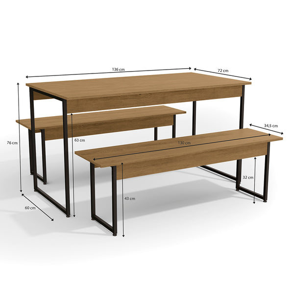 Juego de Comedor Industrial Kappesberg 136cm 2 Bancos Freijó