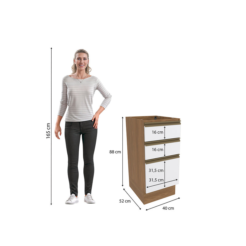 Gabinete Inferior 40cm 3 Cajones Kappesberg Marrón/Blanco