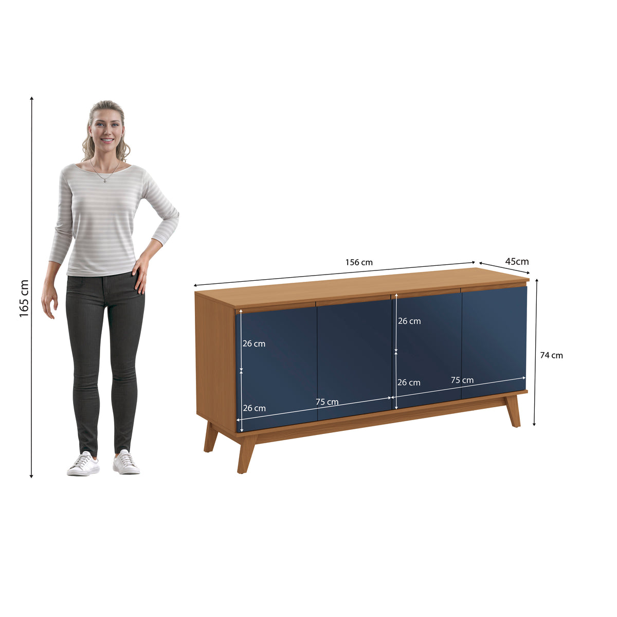 Aparador Bufetero Kappesberg 156cm 4 Puertas Canela/Azul