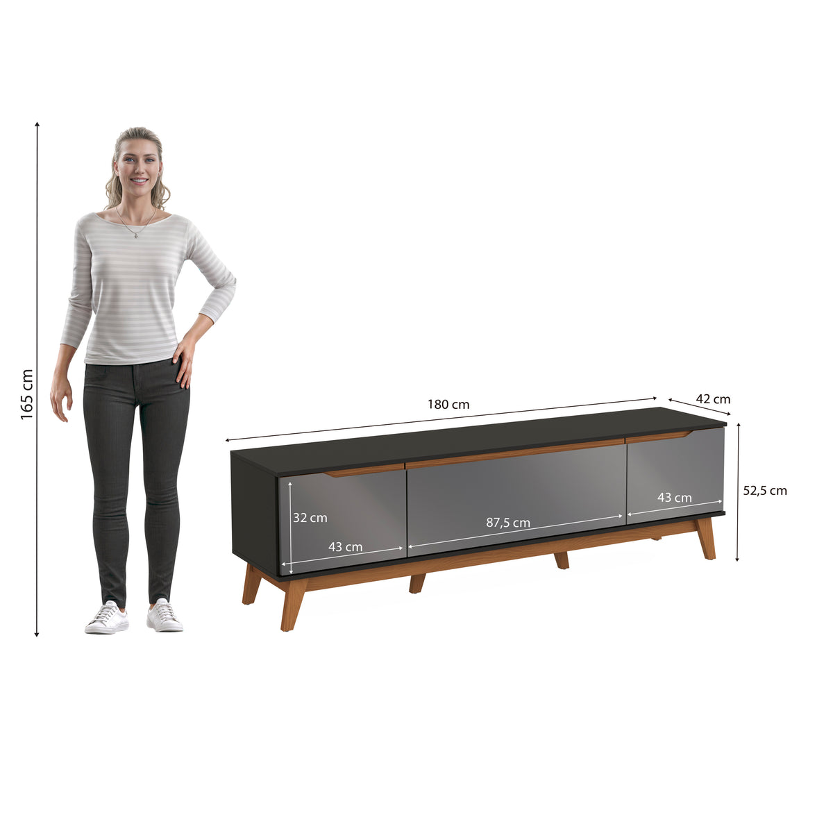 Mueble TV 75" Kappesberg 180cm con 3 Puertas Negro/Gris