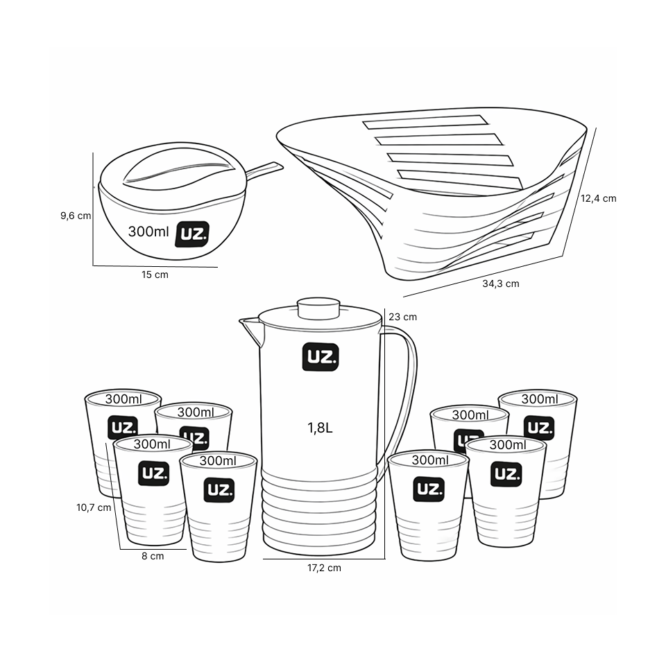 Set desayuno 11 piezas UZ rojo jarra vasos frutero