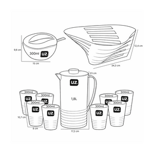 Set desayuno 11 piezas UZ rojo jarra vasos frutero