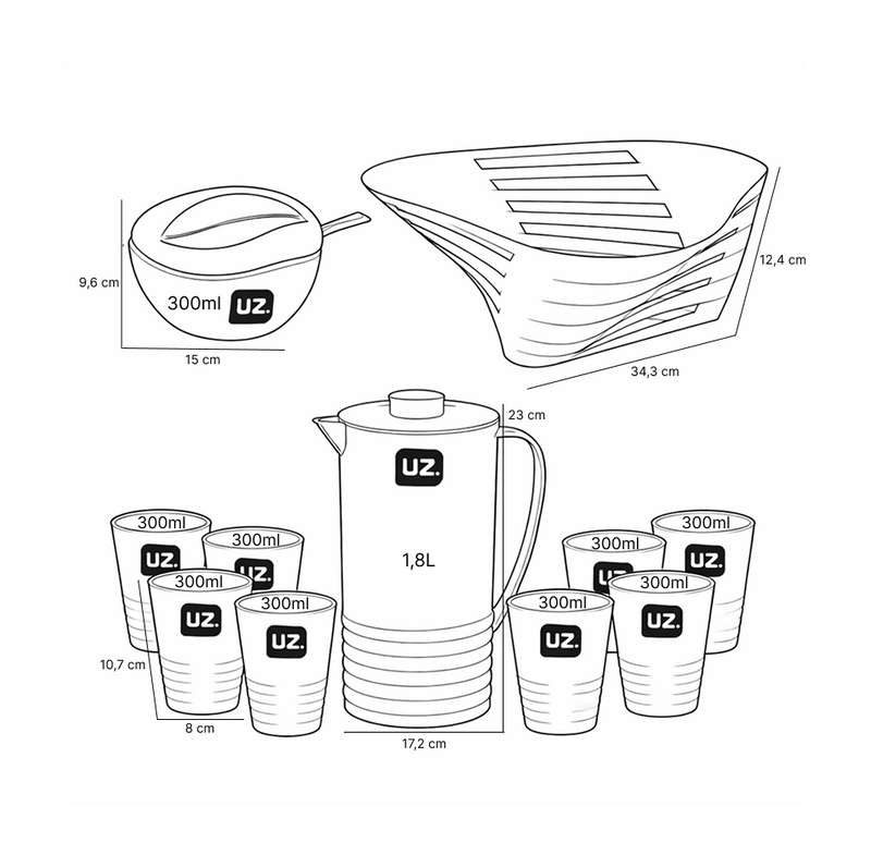 Set desayuno 11 piezas UZ rojo jarra vasos frutero
