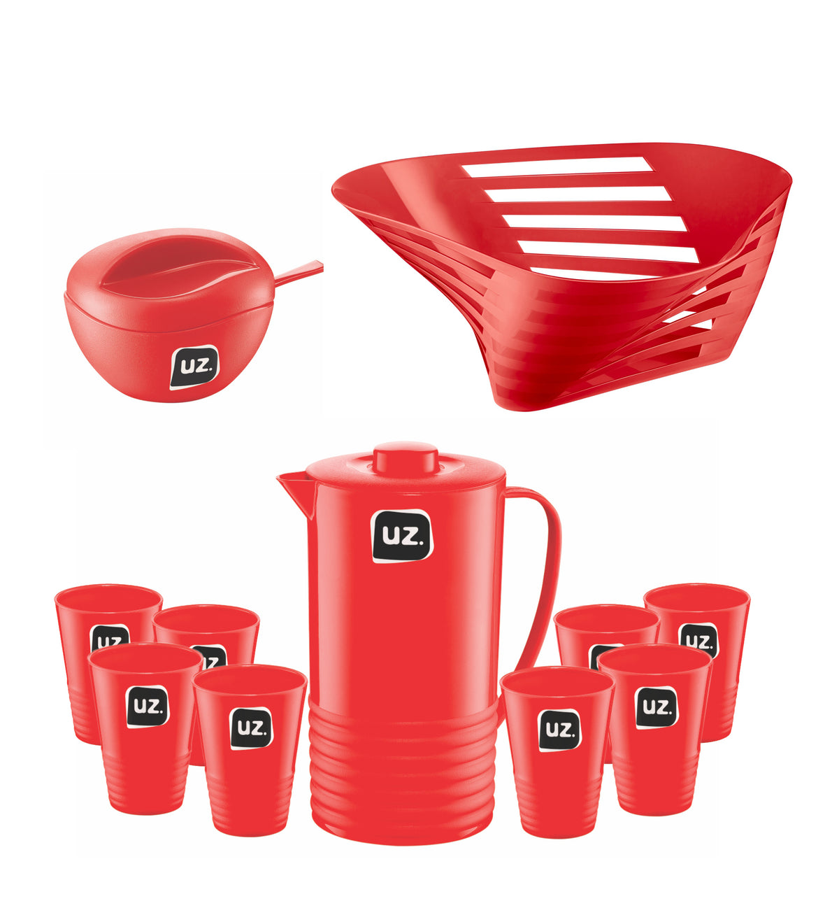 Set desayuno 11 piezas UZ rojo jarra vasos frutero
